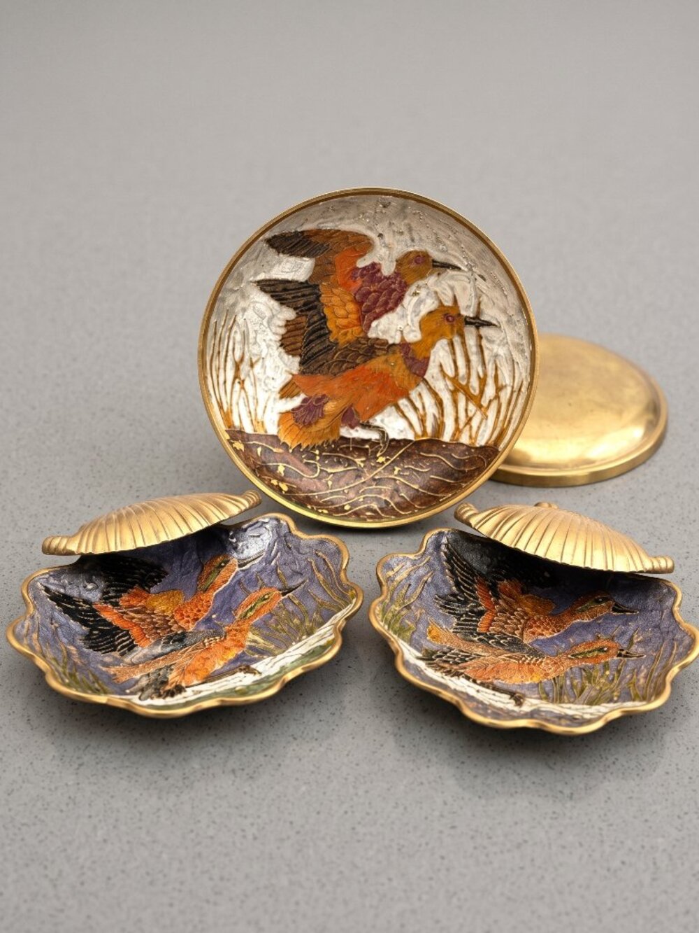 Vintage Hampton Brass India Bird Bowls Set of 3 Hand Painted Decorative Brass